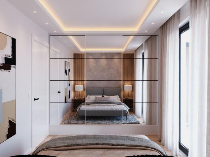 Современная спальня с зеркальным шкафом и подсветкой