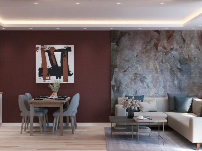 Современная гостиная с кухней и обеденной зоной